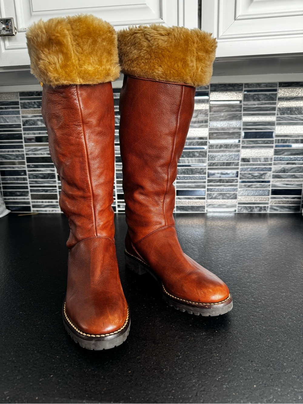 Michael Kors Cognac Leather Knee-High Boots with Shearling Cuff